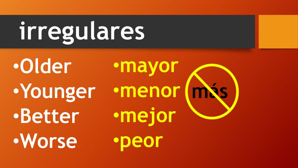 irregulares Older Younger más Better Worse mayor menor mejor peor