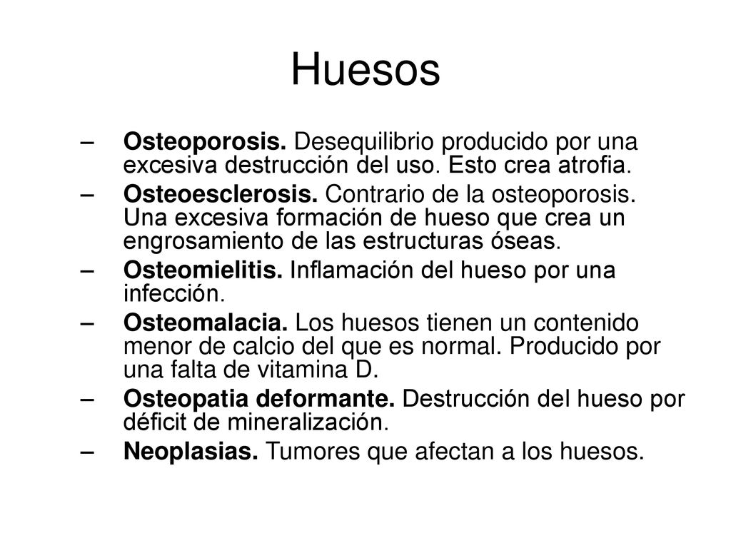 Huesos Osteoporosis. Desequilibrio producido por una excesiva destrucción del uso. Esto crea atrofia.