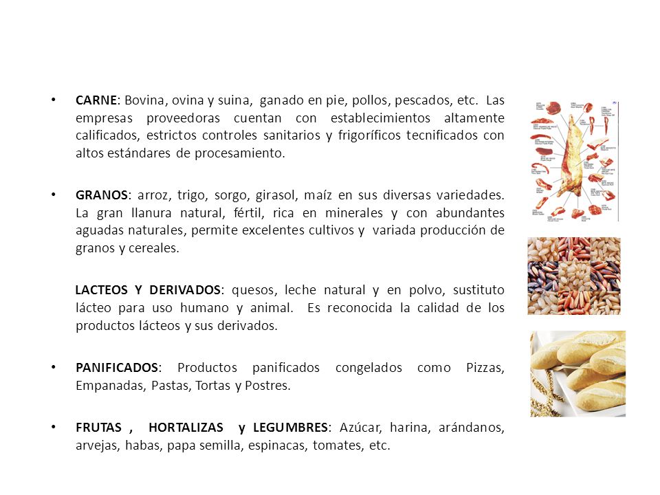 CARNE: Bovina, ovina y suina, ganado en pie, pollos, pescados, etc