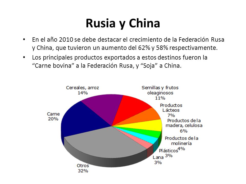 Rusia y China En el año 2010 se debe destacar el crecimiento de la Federación Rusa y China, que tuvieron un aumento del 62% y 58% respectivamente.