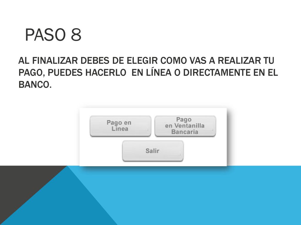 PASO 8 Al finalizar debes de elegir como vas a realizar tu pago, puedes hacerlo en línea o directamente en el banco.
