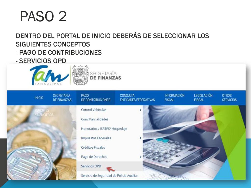 PASO 2 Dentro del portal de inicio deberás de seleccionar los siguientes conceptos - Pago de contribuciones - Servicios OPD.