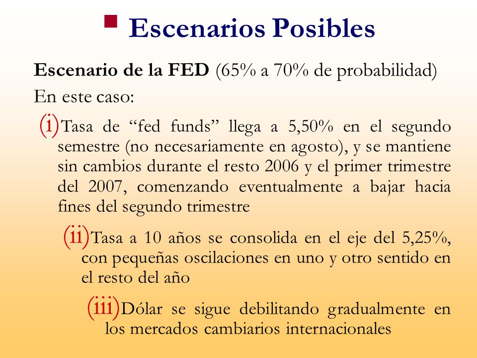 Escenarios Posibles Escenario de la FED (65% a 70% de probabilidad)