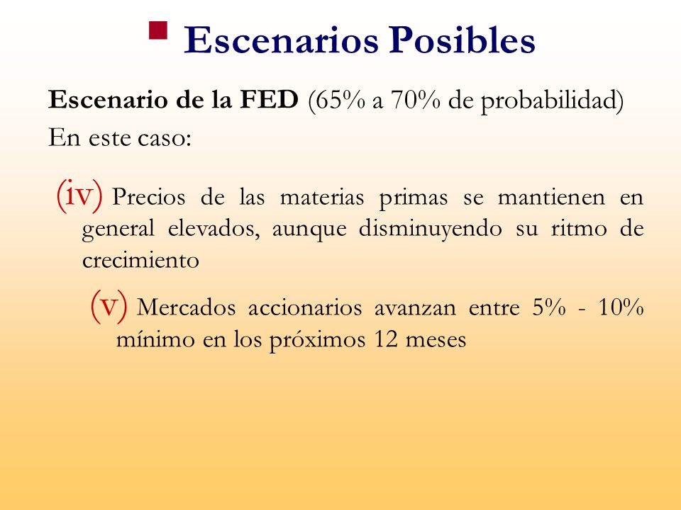 Escenarios Posibles Escenario de la FED (65% a 70% de probabilidad)