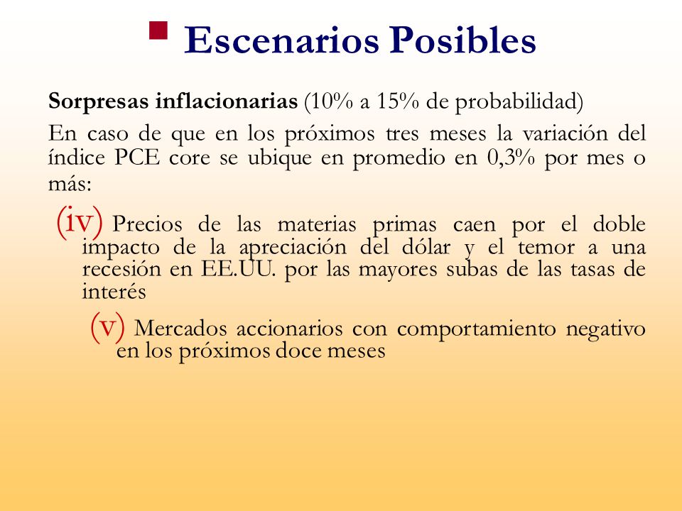 Escenarios Posibles Sorpresas inflacionarias (10% a 15% de probabilidad)