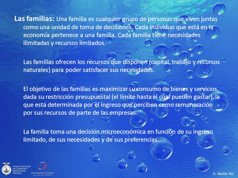 Las familias: Una familia es cualquier grupo de personas que viven juntas como una unidad de toma de decisiones. Cada individuo que está en la economía pertenece a una familia. Cada familia tiene necesidades ilimitadas y recursos limitados.