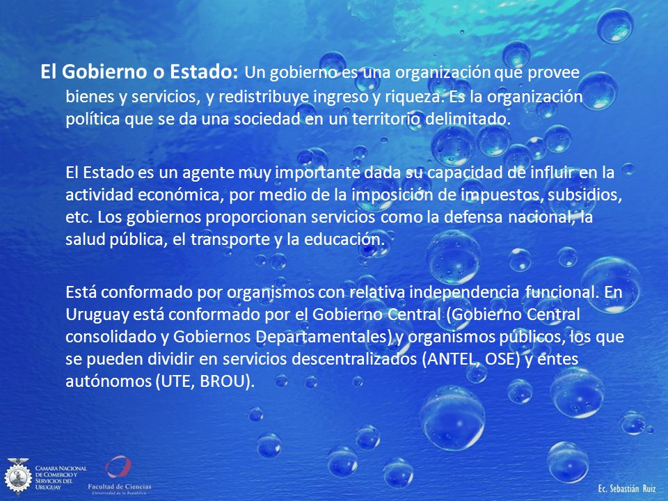 El Gobierno o Estado: Un gobierno es una organización que provee bienes y servicios, y redistribuye ingreso y riqueza. Es la organización política que se da una sociedad en un territorio delimitado.