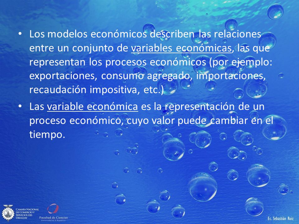 Los modelos económicos describen las relaciones entre un conjunto de variables económicas, las que representan los procesos económicos (por ejemplo: exportaciones, consumo agregado, importaciones, recaudación impositiva, etc.)