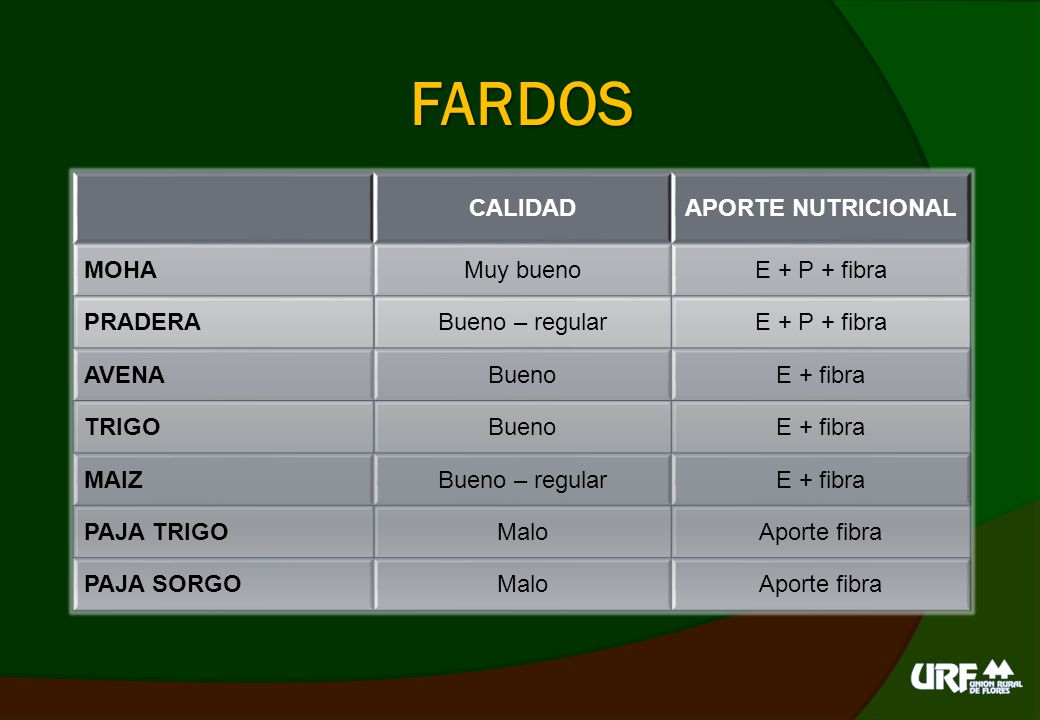 FARDOS CALIDAD APORTE NUTRICIONAL MOHA Muy bueno E + P + fibra PRADERA