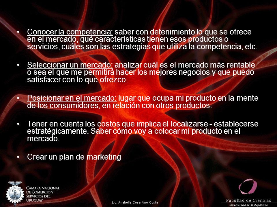 Conocer la competencia: saber con detenimiento lo que se ofrece en el mercado, qué características tienen esos productos o servicios, cuáles son las estrategias que utiliza la competencia, etc.