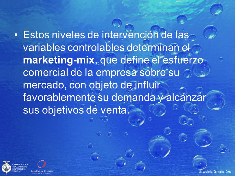 Estos niveles de intervención de las variables controlables determinan el marketing-mix, que define el esfuerzo comercial de la empresa sobre su mercado, con objeto de influir favorablemente su demanda y alcanzar sus objetivos de venta.