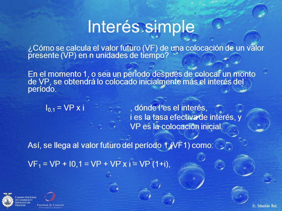 Interés simple ¿Cómo se calcula el valor futuro (VF) de una colocación de un valor presente (VP) en n unidades de tiempo