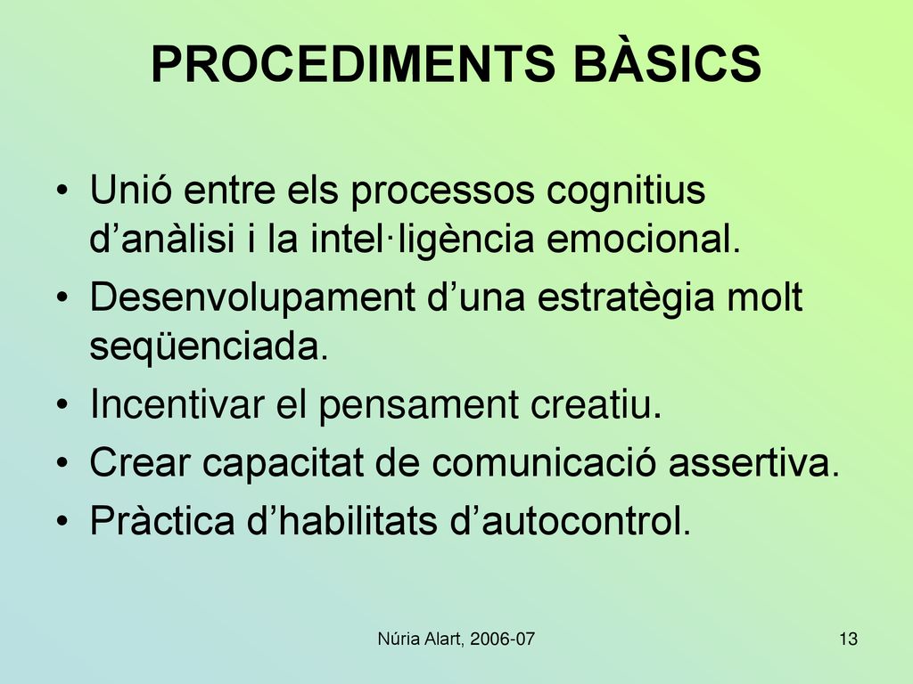 PROCEDIMENTS BÀSICS Unió entre els processos cognitius d’anàlisi i la intel·ligència emocional. Desenvolupament d’una estratègia molt seqüenciada.