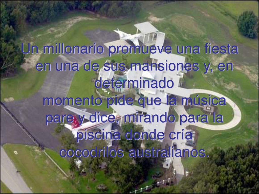 Un millonario promueve una fiesta en una de sus mansiones y, en determinado momento pide que la música pare y dice, mirando para la piscina donde cría cocodrilos australianos.