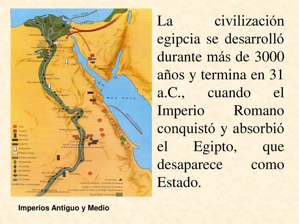 La civilización egipcia se desarrolló durante más de 3000 años y termina en 31 a.C., cuando el Imperio Romano conquistó y absorbió el Egipto, que desaparece como Estado.