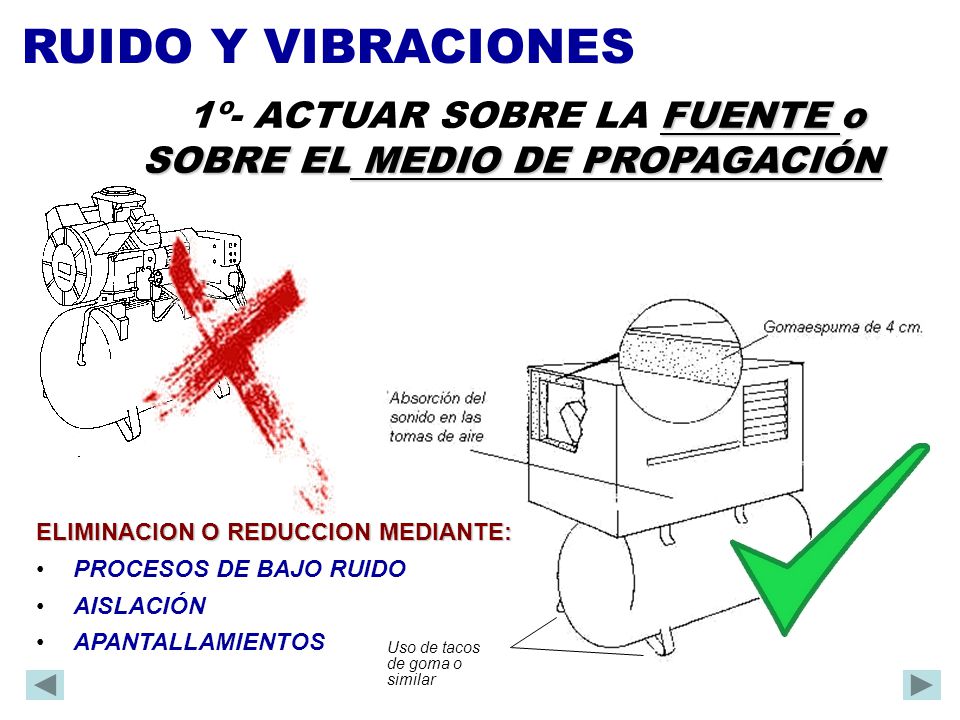 RUIDO Y VIBRACIONES 1º- ACTUAR SOBRE LA FUENTE o SOBRE EL MEDIO DE PROPAGACIÓN. 1º ACTUAR SOBRE LA FUENTE.