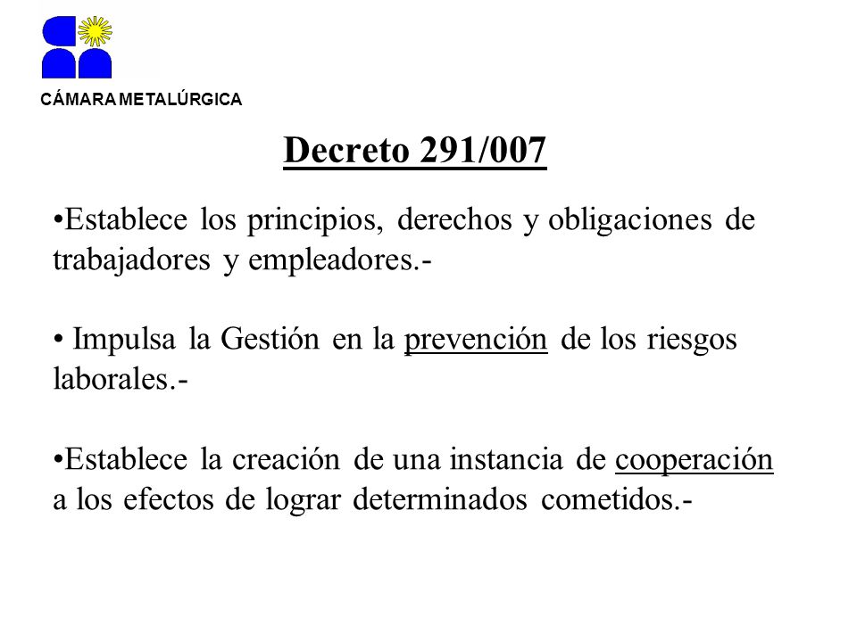 CÁMARA METALÚRGICA Decreto 291/007. Establece los principios, derechos y obligaciones de trabajadores y empleadores.-