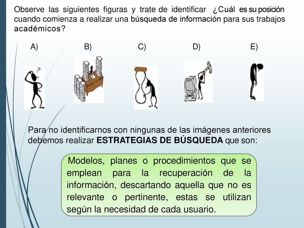 Observe las siguientes figuras y trate de identificar ¿Cuál es su posición cuando comienza a realizar una búsqueda de información para sus trabajos académicos