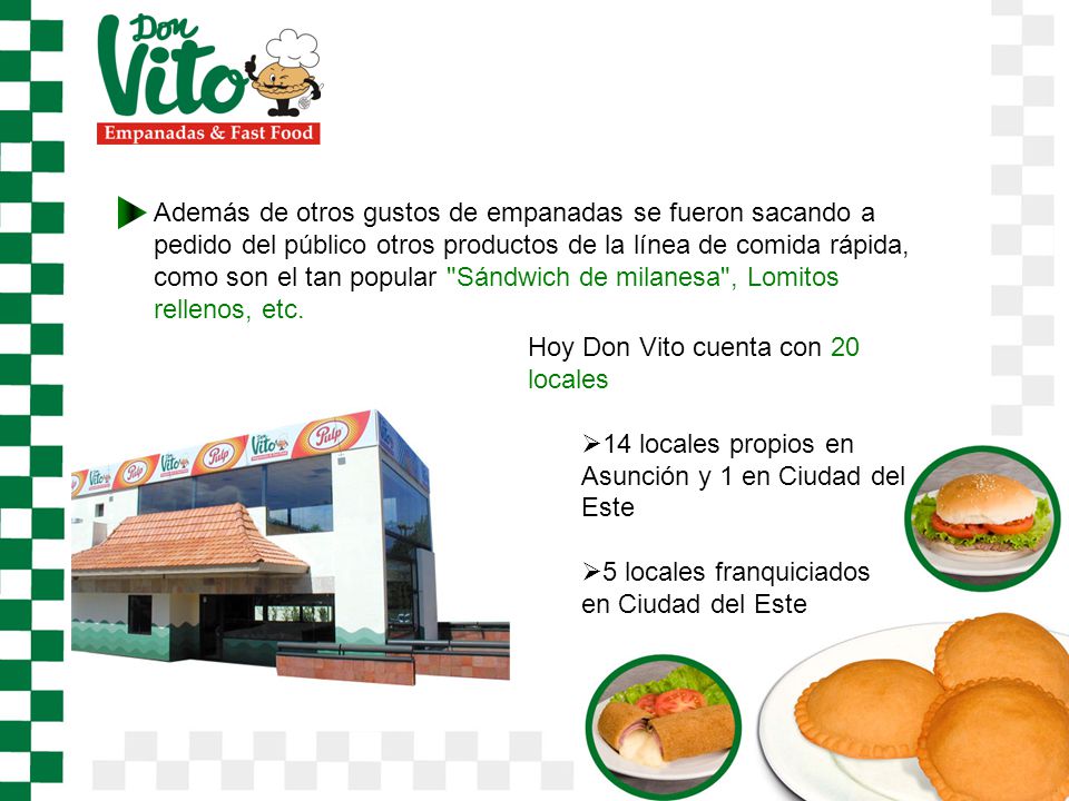Además de otros gustos de empanadas se fueron sacando a pedido del público otros productos de la línea de comida rápida, como son el tan popular Sándwich de milanesa , Lomitos rellenos, etc.