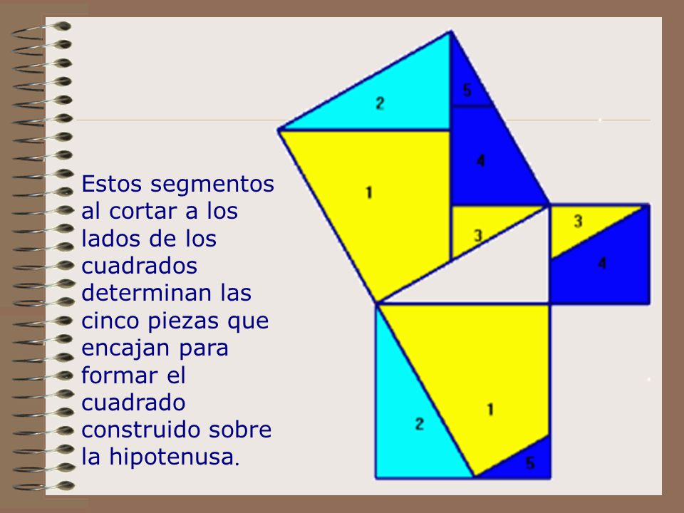 Estos segmentos al cortar a los lados de los cuadrados determinan las cinco piezas que encajan para formar el cuadrado construido sobre la hipotenusa.