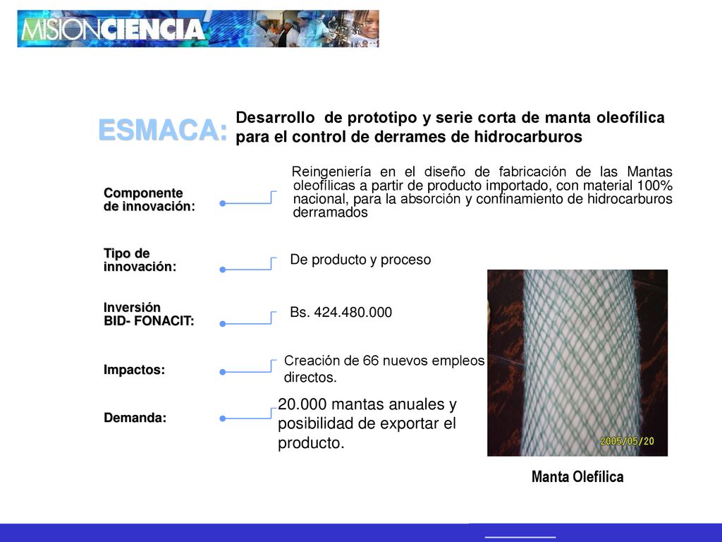 Desarrollo de prototipo y serie corta de manta oleofílica para el control de derrames de hidrocarburos