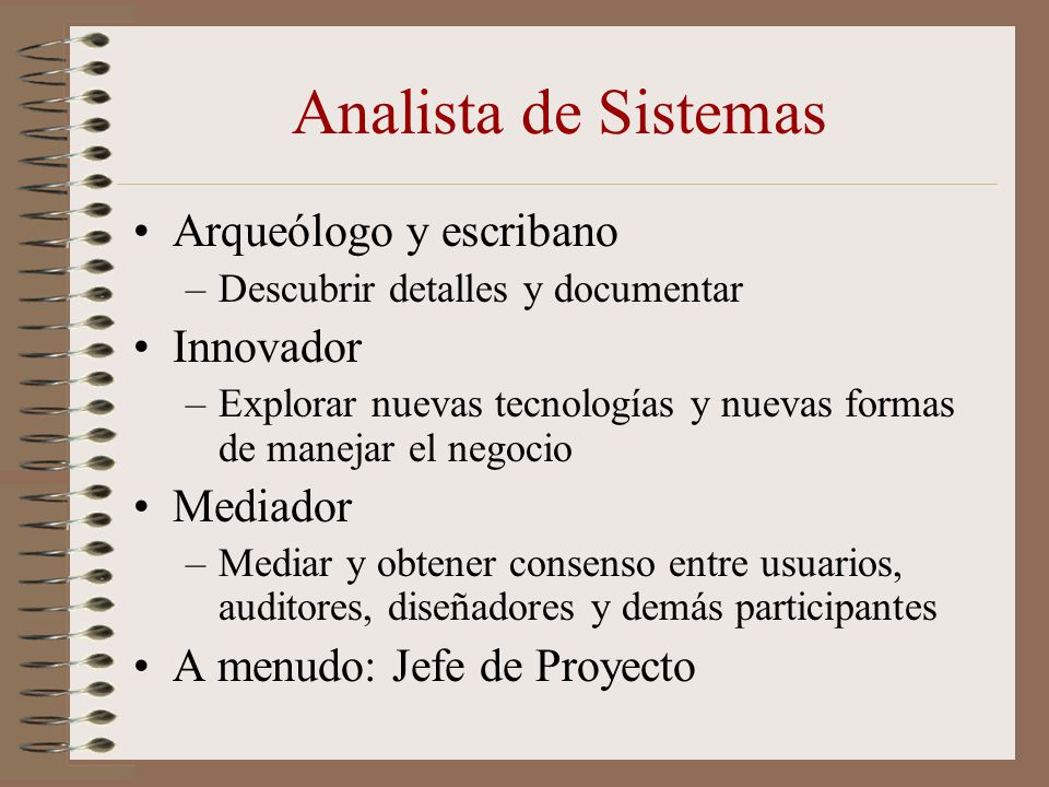 Analista de Sistemas Arqueólogo y escribano Innovador Mediador
