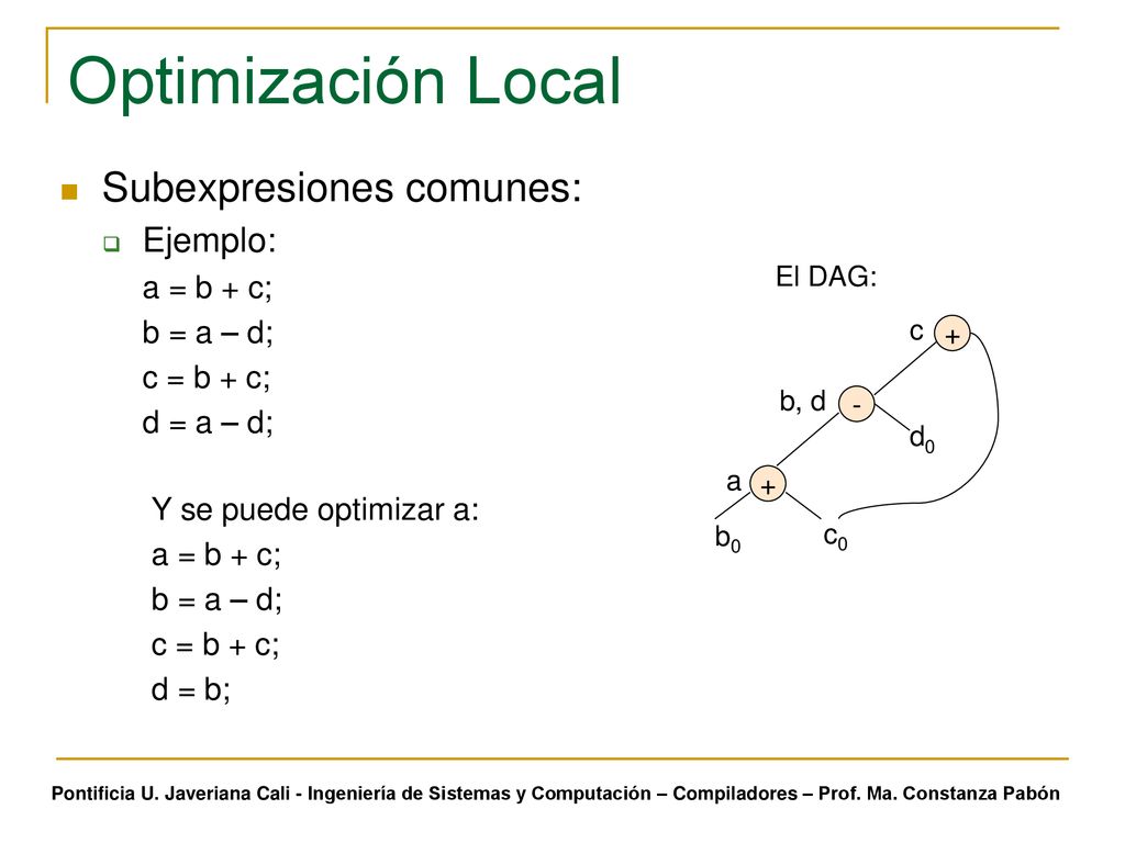 Optimización Local Subexpresiones comunes: Ejemplo: a = b + c;