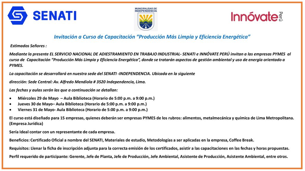 Invitación a Curso de Capacitación Producción Más Limpia y Eficiencia Energética