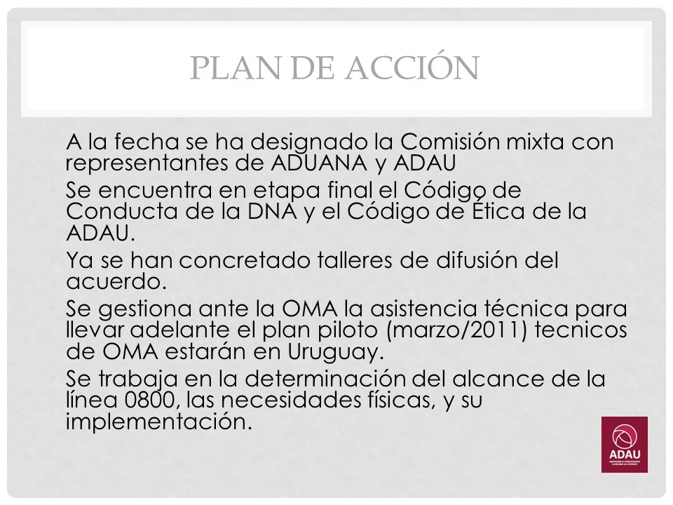 PLAN DE ACCIÓN A la fecha se ha designado la Comisión mixta con representantes de ADUANA y ADAU.