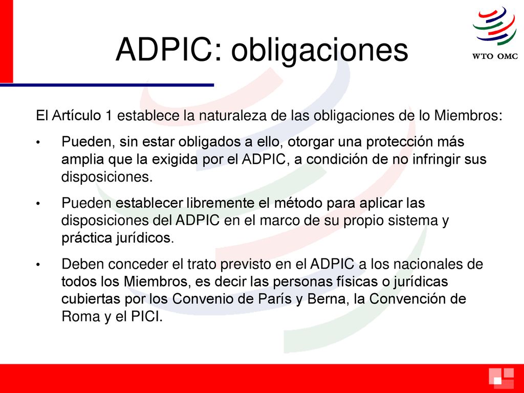 ADPIC: obligaciones El Artículo 1 establece la naturaleza de las obligaciones de lo Miembros: