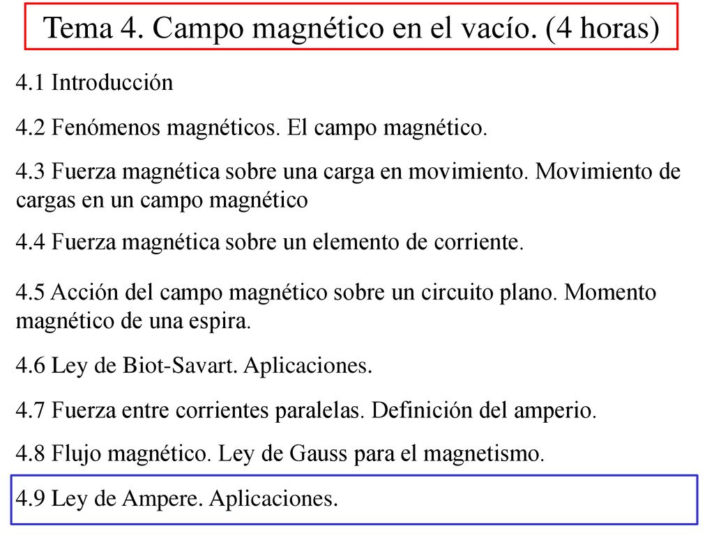 Tema 4. Campo magnético en el vacío. (4 horas)