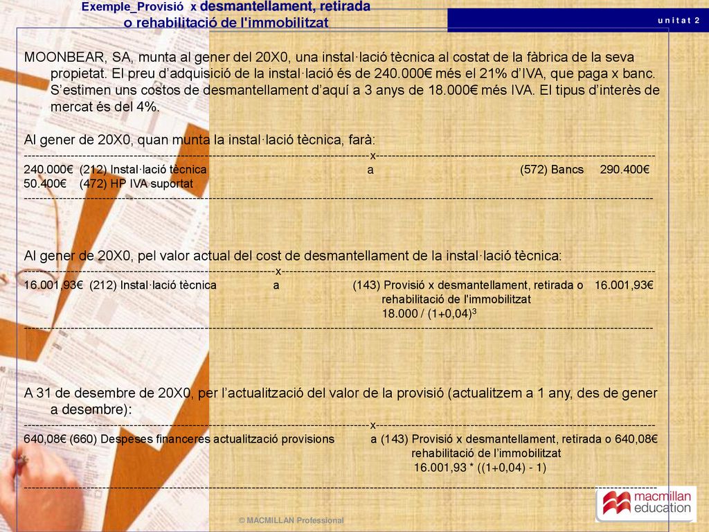 Al gener de 20X0, quan munta la instal·lació tècnica, farà: