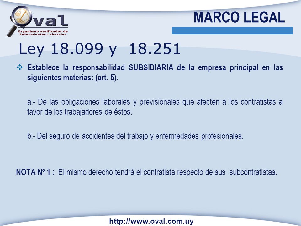 MARCO LEGAL Ley y Establece la responsabilidad SUBSIDIARIA de la empresa principal en las siguientes materias: (art. 5).