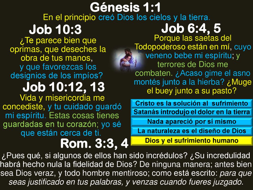 Génesis 1:1 Job 10:3 Job 6:4, 5 Job 10:12, 13 Rom. 3:3, 4