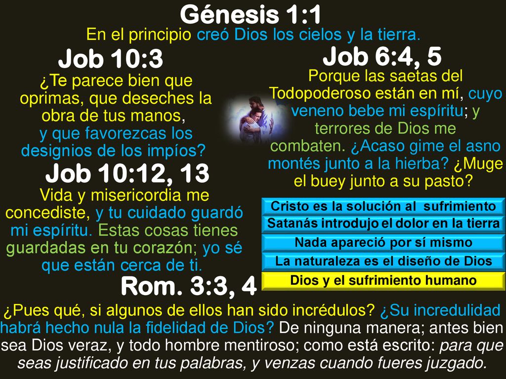 Génesis 1:1 Job 10:3 Job 6:4, 5 Job 10:12, 13 Rom. 3:3, 4