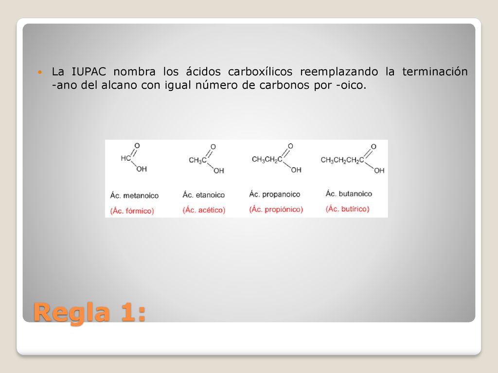 La IUPAC nombra los ácidos carboxílicos reemplazando la terminación -ano del alcano con igual número de carbonos por -oico.