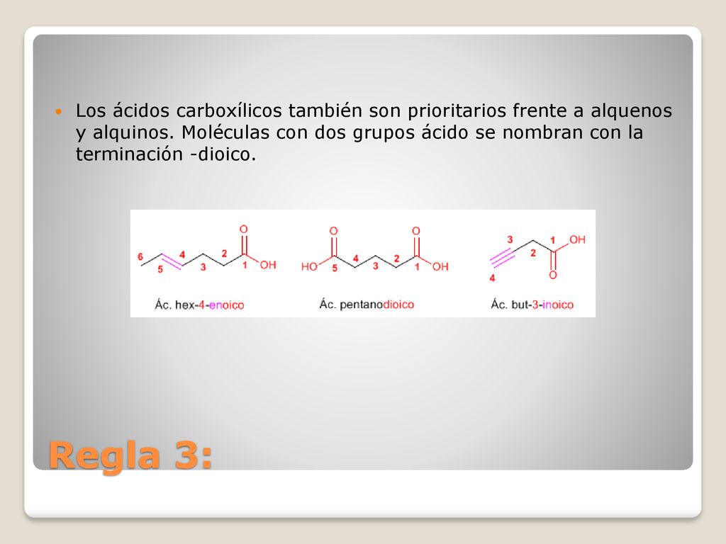 Los ácidos carboxílicos también son prioritarios frente a alquenos y alquinos. Moléculas con dos grupos ácido se nombran con la terminación -dioico.