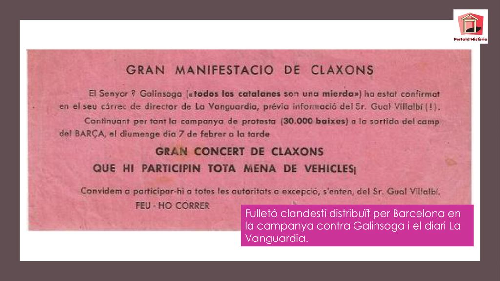 Fulletó clandestí distribuït per Barcelona en la campanya contra Galinsoga i el diari La Vanguardia.