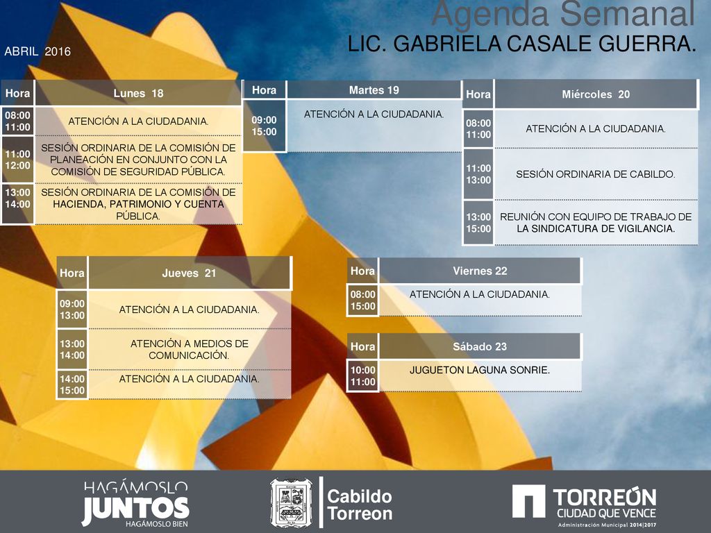 Agenda Semanal LIC. GABRIELA CASALE GUERRA. Cabildo Torreon ABRIL 2016