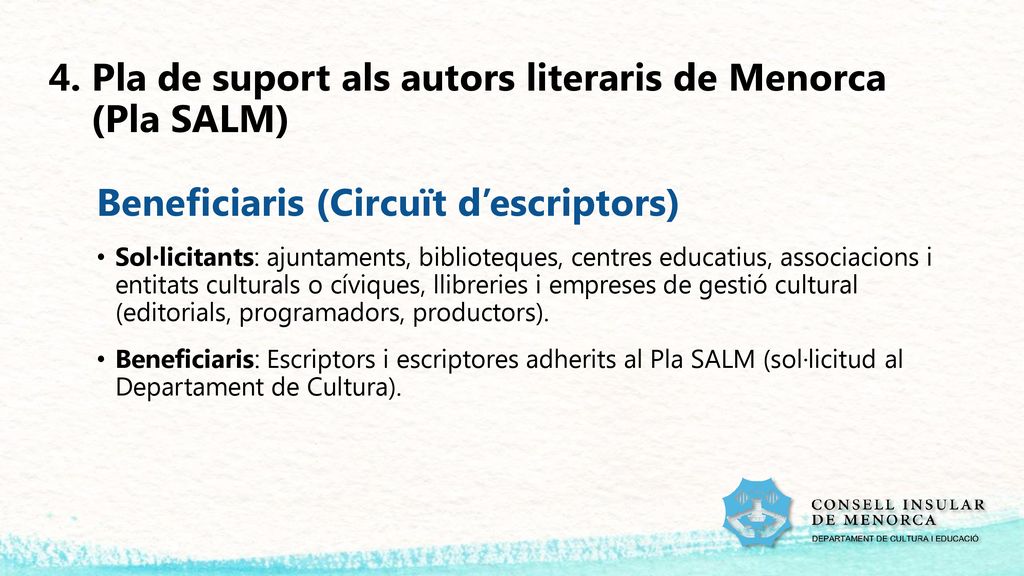 4. Pla de suport als autors literaris de Menorca (Pla SALM)