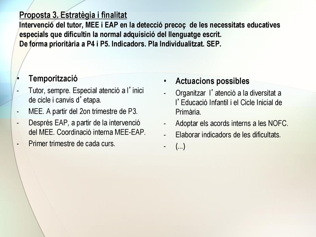 Proposta 3. Estratègia i finalitat Intervenció del tutor, MEE i EAP en la detecció precoç de les necessitats educatives especials que dificultin la normal adquisició del llenguatge escrit. De forma prioritària a P4 i P5. Indicadors. Pla Individualitzat. SEP.