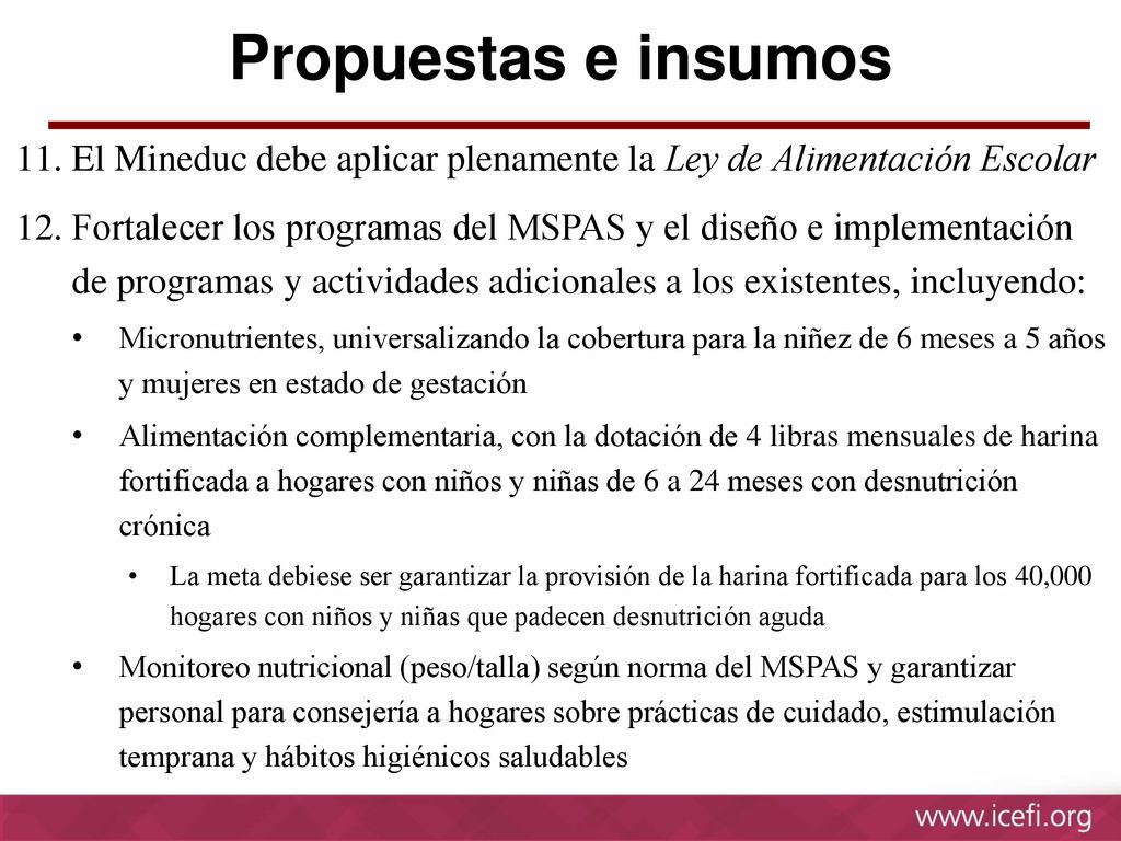 Propuestas e insumos El Mineduc debe aplicar plenamente la Ley de Alimentación Escolar.