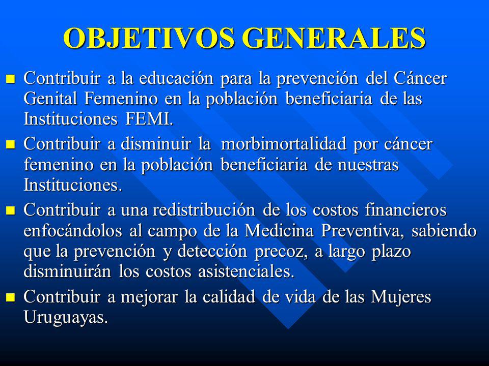 OBJETIVOS GENERALES Contribuir a la educación para la prevención del Cáncer Genital Femenino en la población beneficiaria de las Instituciones FEMI.