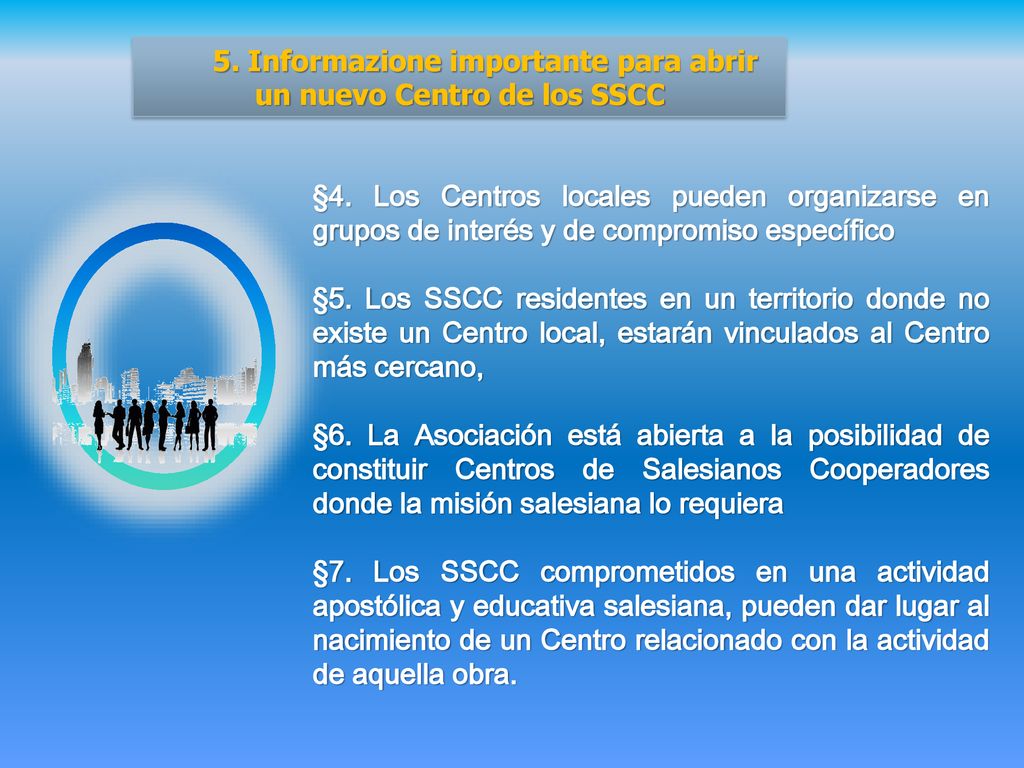 5. Informazione importante para abrir un nuevo Centro de los SSCC
