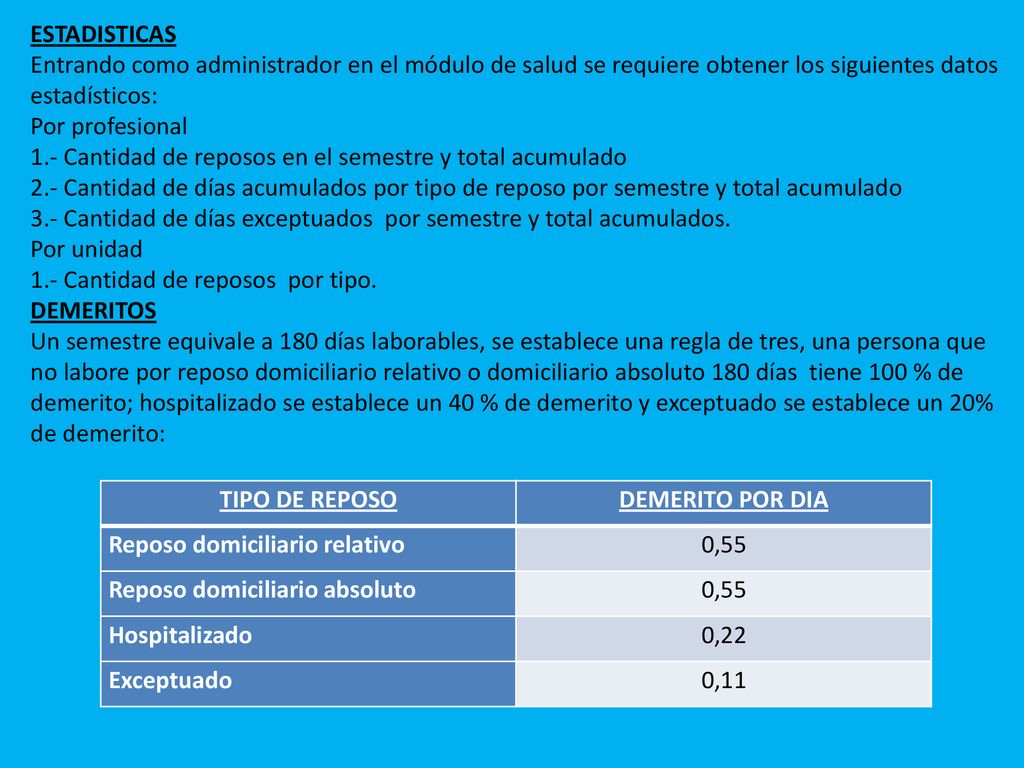 ESTADISTICAS Entrando como administrador en el módulo de salud se requiere obtener los siguientes datos estadísticos: