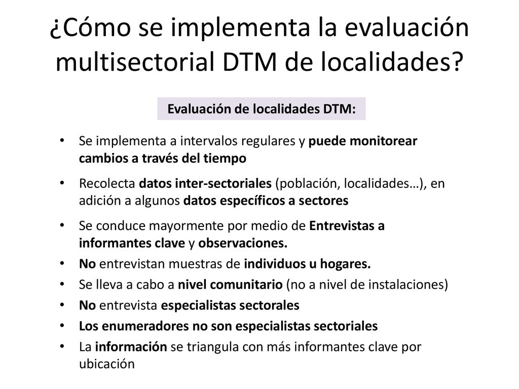 ¿Cómo se implementa la evaluación multisectorial DTM de localidades