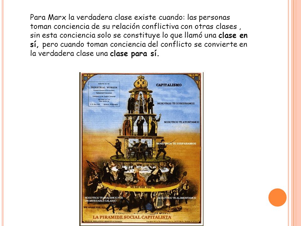 Para Marx la verdadera clase existe cuando: las personas toman conciencia de su relación conflictiva con otras clases , sin esta conciencia solo se constituye lo que llamó una clase en sí, pero cuando toman conciencia del conflicto se convierte en la verdadera clase una clase para sí.