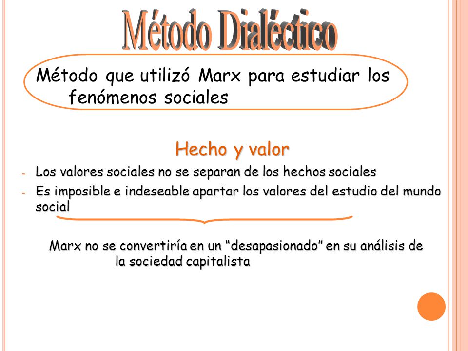 Método Dialéctico Método que utilizó Marx para estudiar los fenómenos sociales. Hecho y valor.