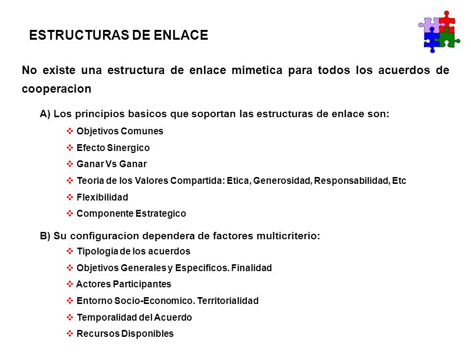 ESTRUCTURAS DE ENLACE No existe una estructura de enlace mimetica para todos los acuerdos de cooperacion.