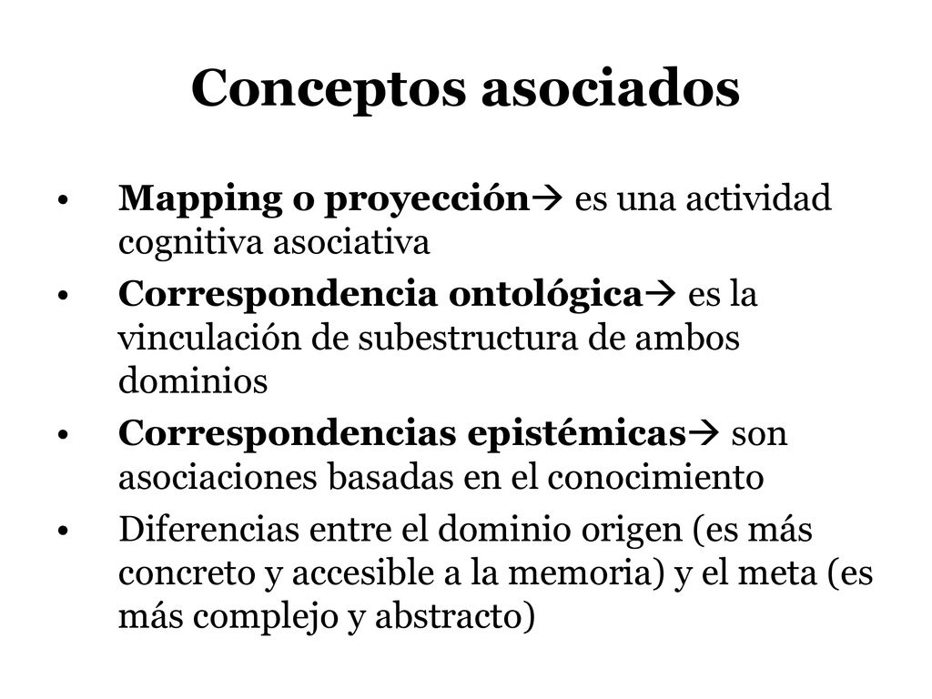 Conceptos asociados Mapping o proyección es una actividad cognitiva asociativa.